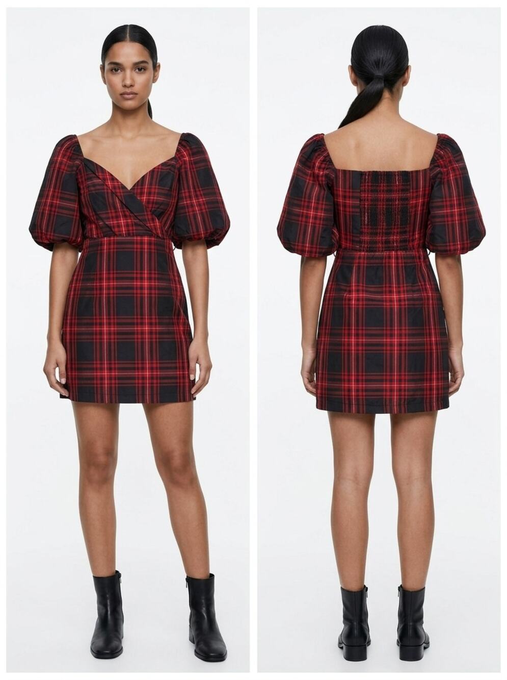 Zara Red Black Plaid Puff Sleeve Smocked Mini Dress Women Size S